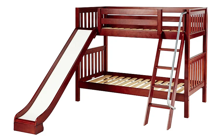 Maxtrix Bare Bone Twin Size Medium Bunk (2 Low/2 High) Slat Bed with Angle Ladder and Slide in Chestnut HAPPYCS