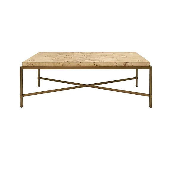 Worlds Away Antique Brass Frame Coffee Table w/ Thick Top in Burl Wood HARDWICK BW