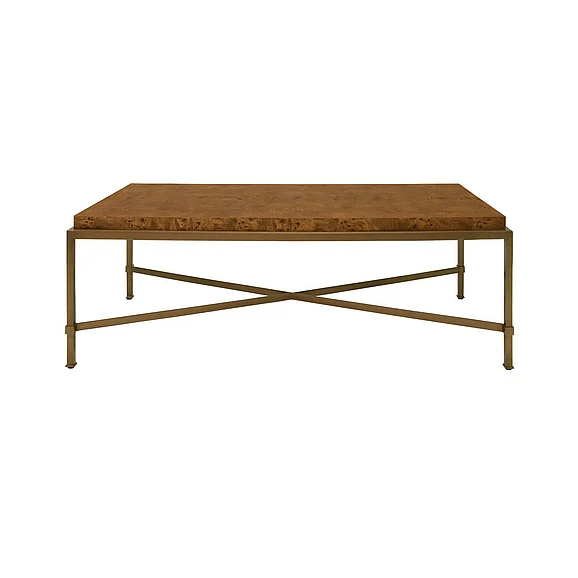 Worlds Away Antique Brass Frame Coffee Table w/ Thick Top in Dark Burl Wood HARDWICK DBW