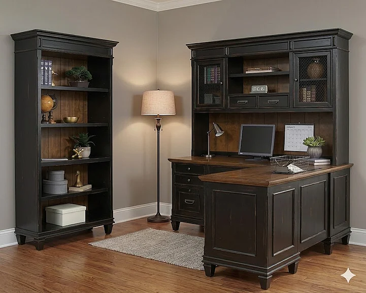 Martin Furniture Hartford 2pc L-Desk w/Hutch Office Set in Black