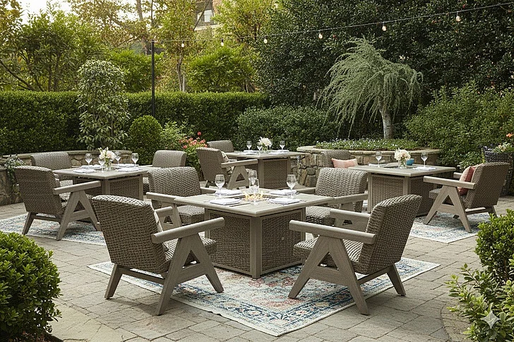 Restaurant Outdoor Seating Set - Haven Retreat 5Pc Outdoor Fire Pit Table Set In Beige