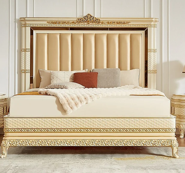 Homey Design HD-1882 King Bed in Ivory/Gold HD-EK1882