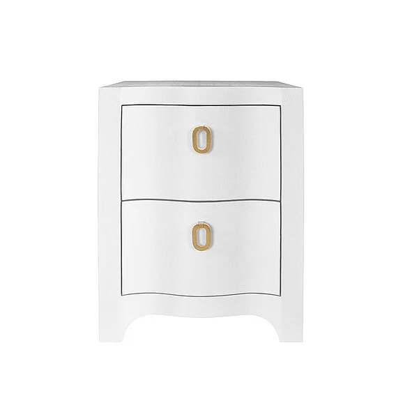 Worlds Away Curved Front Side Table w/ Two Drawers in White Textured Linen HELENA WH