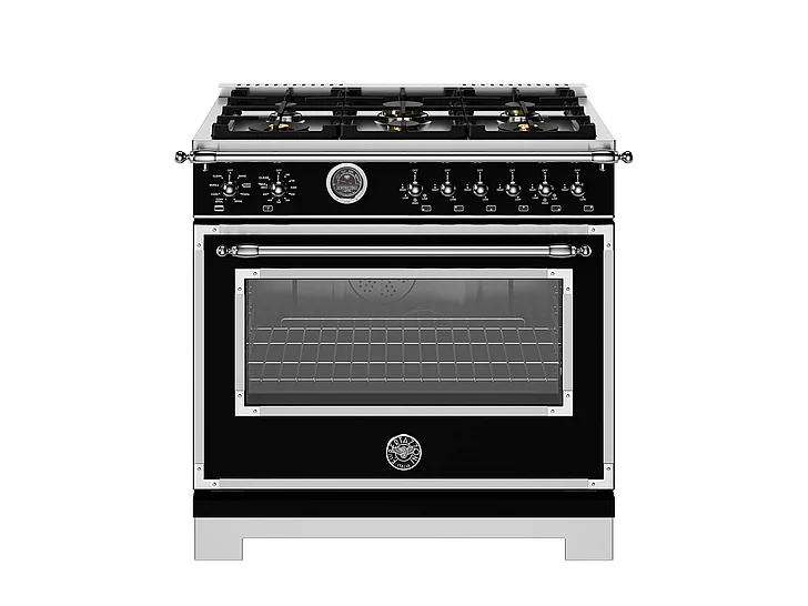 Bertazzoni 36 inch Dual Fuel Range, 6 Brass Burner and Cast Iron Griddle, Electric Self-Clean Oven in Nero Matt HER366BCFEPNET