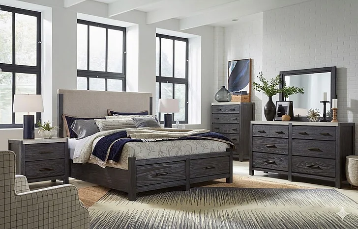 Magnussen Plum Creek 2pc Upholstered Storage Bedroom Set in Ravenwood Black