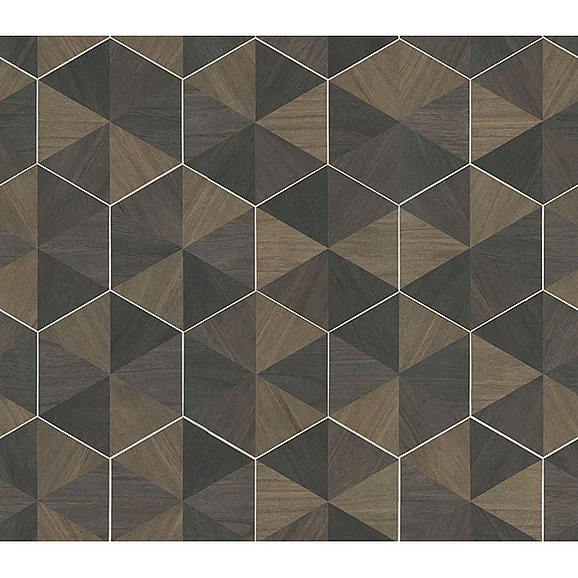 York D77-Traveler Hexagram Wood Veneer Brown & Black Wallpaper (8-Yards) HO2103