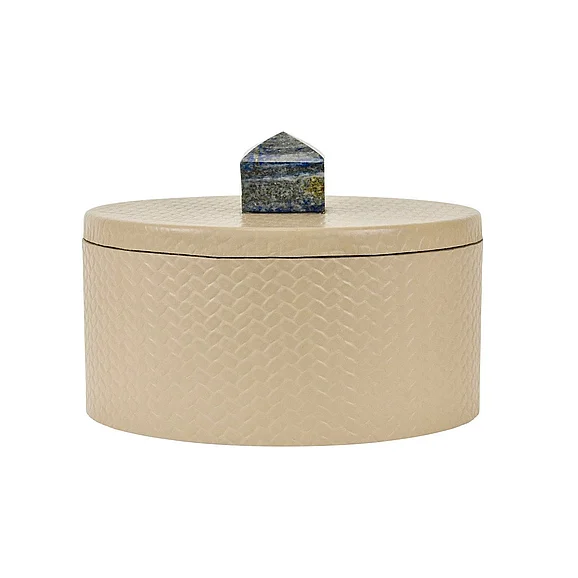 Worlds Away Round Ivory Faux Leather Container w/ Stone Handle HOLLY