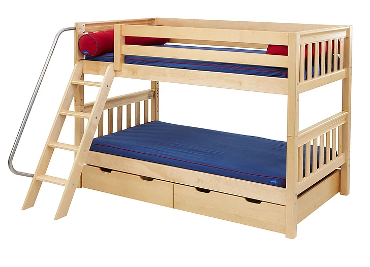 Maxtrix Bare Bone Twin Size Low Bunk (4 x Low) Slat Bed with Angle Ladder in Natural HOT HOTNS