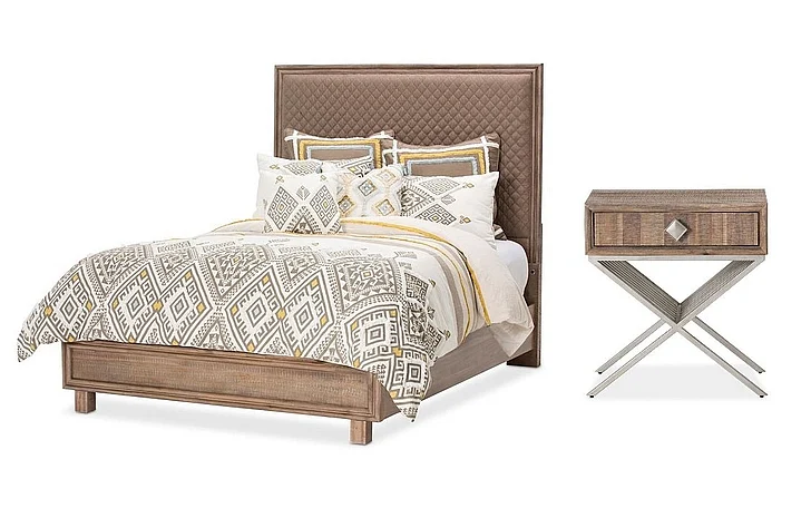 AICO Hudson Ferry 2pc Diamond-Quilted Tufted Panel Bed in Driftwood (Brown Fabric)