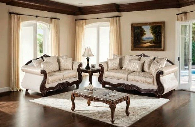 Furniture of America Huelva 2pc Living Room Set in Beige/Dark Cherry