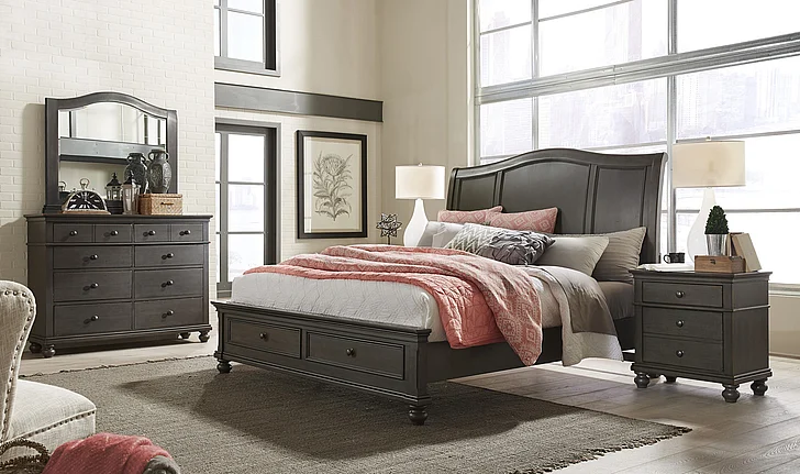 Aspenhome Oxford 4pc Sleigh Storage Bedroom Set in Peppercorn