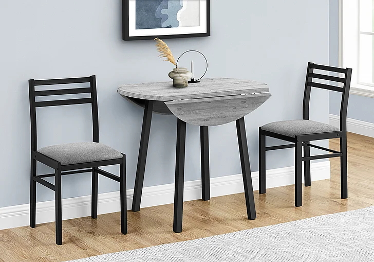 Monarch Specialties Adrian 3Pcs Dining Set Small 35" Drop Leaf Black Metal Grey Laminate I 1007