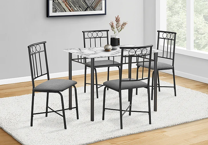 Monarch Specialties Theo 5Pcs Dining Set Small 40" Rectangular White Marble Look Laminate Black Metal I 1014