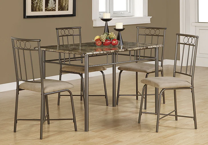 Monarch Specialties 5Pcs Dining Room Set Small 48" Rectangular Faux Marble Brown Marble Look Laminate Bronze Metal I 1029