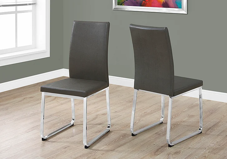 Monarch Specialties Soren Dining Side Chair (Set of 2) Upholstered Grey Leather Look Chrome Metal I 1094
