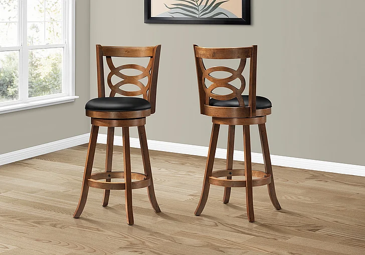 Monarch Specialties Bar Stool (Set of 2) Swivel Bar Height Brown Wood Black Leather Look I 1251