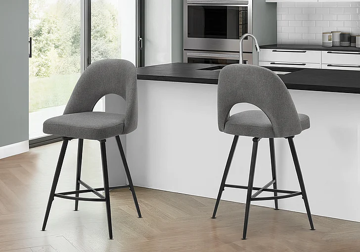Monarch Specialties Arianna Barstool 39"H (Set of 2) Swivel Grey Fabric Black Metal I 1253