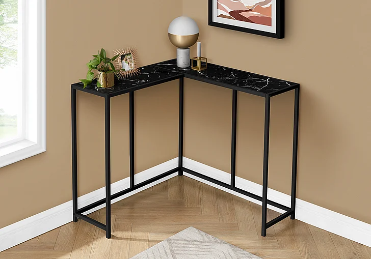 Monarch Specialties Omar Accent Table Console Narrow Corner Black Marble Look Laminate Black Metal I 2158