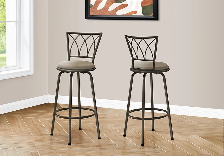 Monarch Specialties Bar Stool (Set of 2) Swivel Bar Height Brown Metal Beige Fabric I 2393
