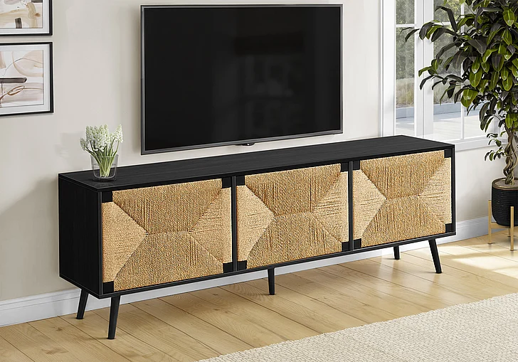 Monarch Specialties Bram TV Stand 72" Black Laminate Seagrass-look I 2782