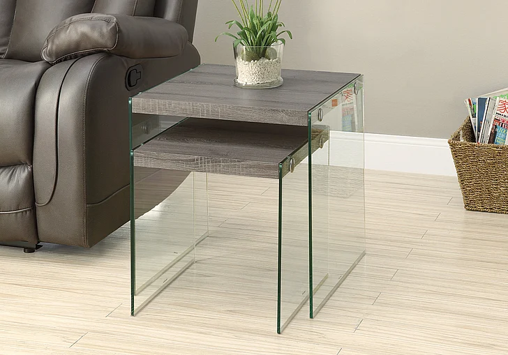 Monarch Specialties Aria Nesting Table 2Pcs Brown Laminate Clear Tempered Glass I 3053