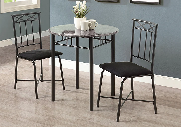 Monarch Specialties 3Pcs Dining Room Set Small 30" Round Grey Marble Look Laminate Black Metal I 3065