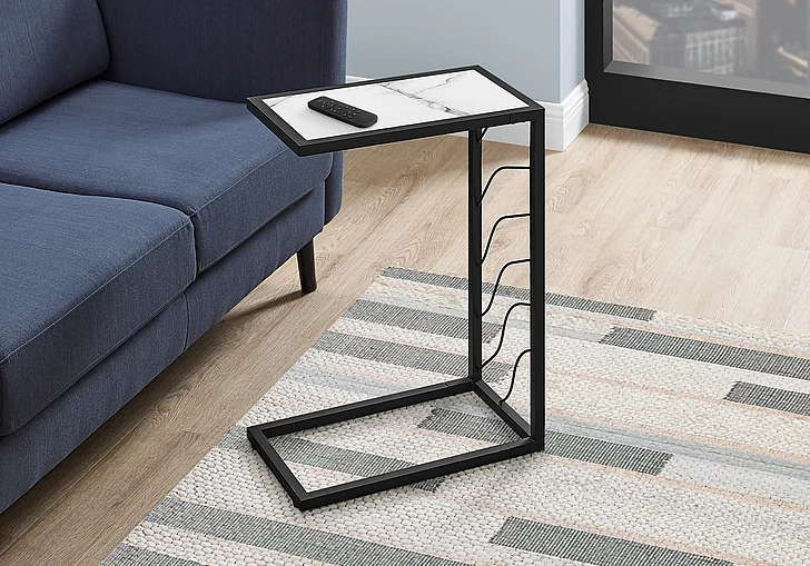Monarch Specialties Accent Table C-Shaped White Marble Look Laminate Black Metal I 3300