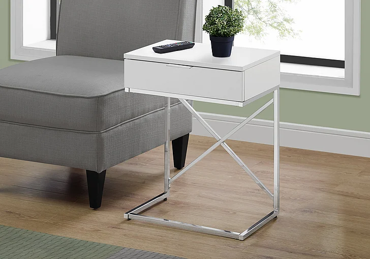 Monarch Specialties Amara Accent Table Drawer Glossy White Laminate Chrome Metal I 3470
