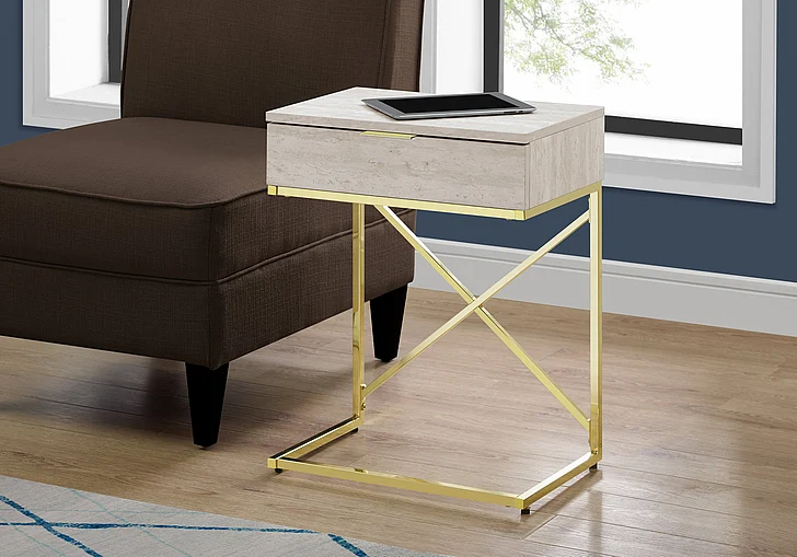 Monarch Specialties Amara Accent Table Drawer Beige Marble Look Laminate Gold Metal I 3473