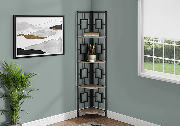 Monarch Specialties Regina Bookshelf Corner 4 Tier 62"H Brown Laminate Black Metal I 3611