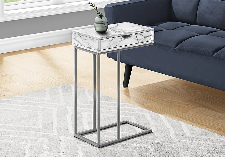 Monarch Specialties Giselle Accent Table C-Shaped Storage Drawer White Marble Look Laminate Grey Metal I 3772