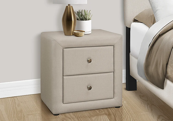 Monarch Specialties Adriana Nightstand Upholstered Beige Linen Look I 5605