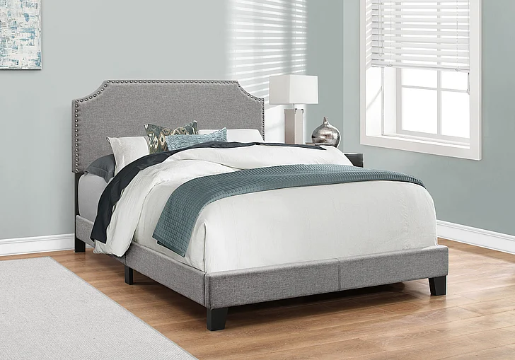 Monarch Specialties Bed Full Upholstered Grey Linen Look Chrome Trim I 5925F