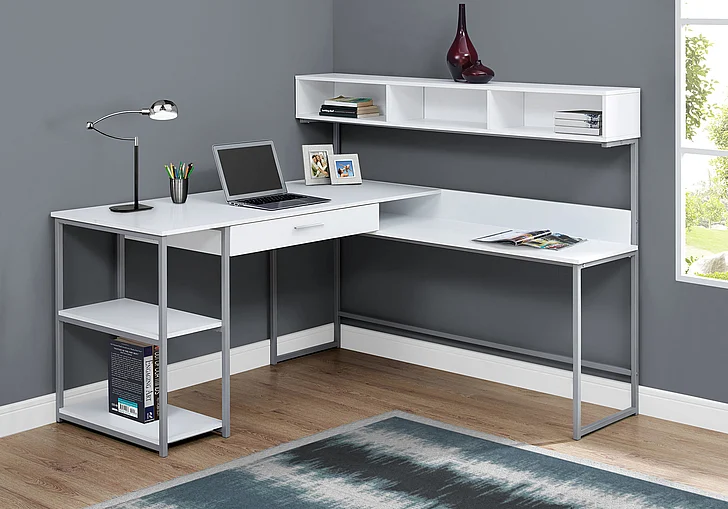 Monarch Specialties Sylvie Computer Desk Corner L Shape White Laminate Grey Metal I 7162