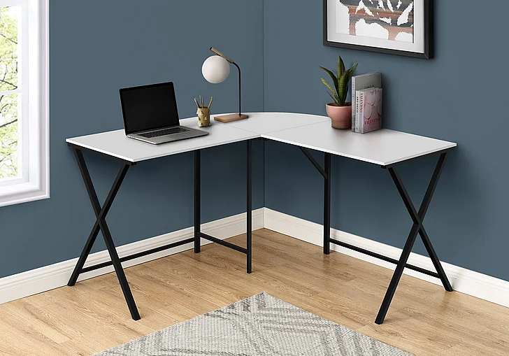 Monarch Specialties Grace Computer Desk Corner 55"L L Shape White Laminate Black Metal I 7195
