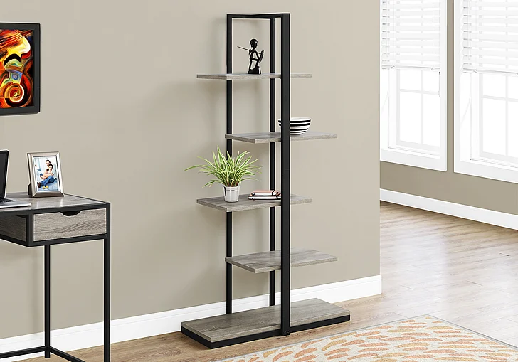 Monarch Specialties Sloane Bookshelf 5 Tier 60"H Brown Laminate Black Metal I 7232