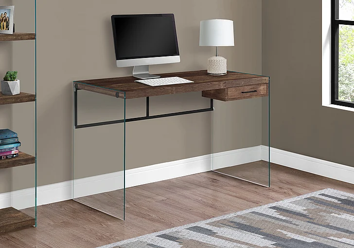 Monarch Specialties Owen Computer Desk 48"L Brown Laminate Clear Tempered Glass I 7444