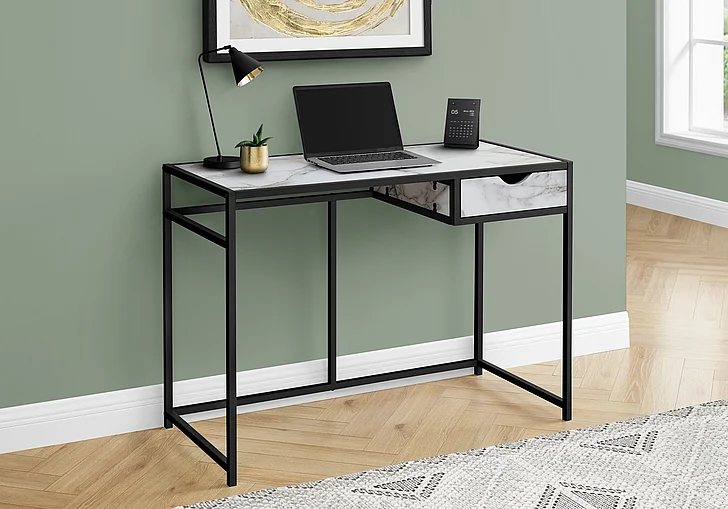 Monarch Specialties Tyra Computer Desk Storage Drawer 42"L White Marble Look Laminate Black Metal I 7571