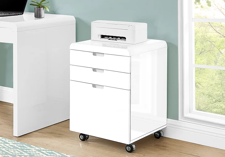 Monarch Specialties File Cabinet Rolling Mobile Printer Stand Glossy White Laminate I 7583