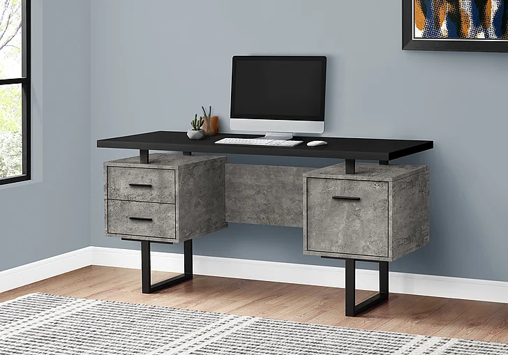 Monarch Specialties Mirabel Computer Desk Left Right Set-up 60"L Black and Grey Concrete Laminate Black Metal I 7632