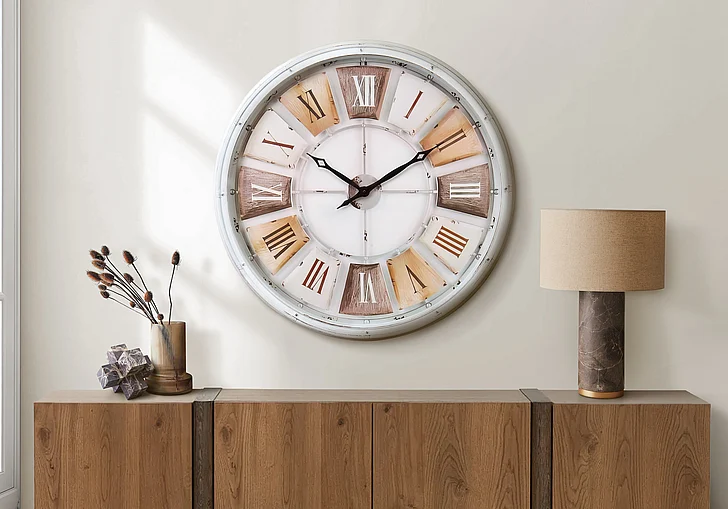 Monarch Specialties 30" Round Large Oversized Wall Clock Antique White Natural I 9036