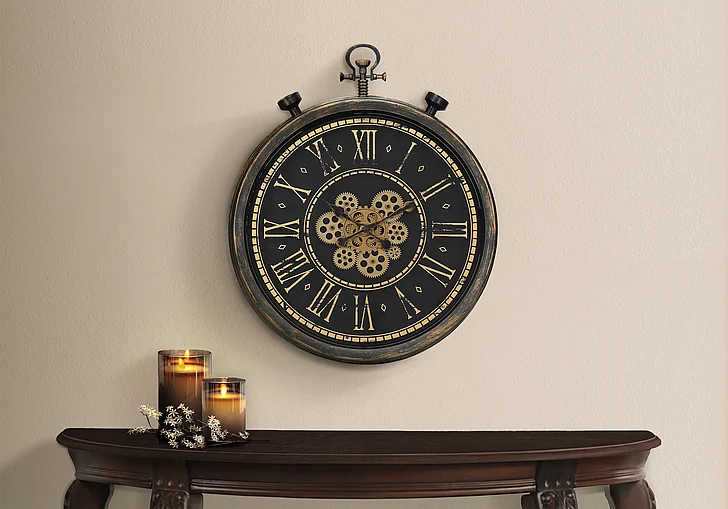 Monarch Specialties 24" Round Gear Mechanism Wall Clock Brown I 9073