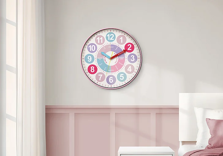 Monarch Specialties 18" Round Juvenile Wall Clock Multi-colored Face Pink Frame I 9102