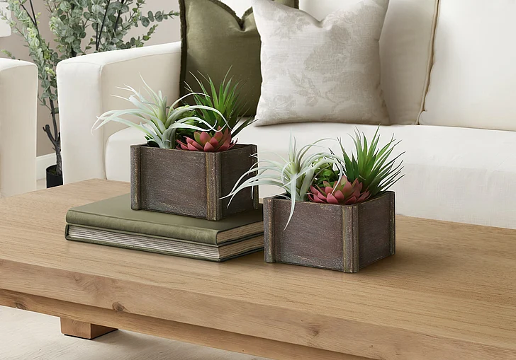 Monarch Specialties Artificial Plant 2Pcs 10" Tall Brown Wooden Pots I 9371