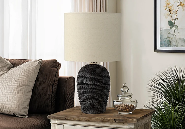 Monarch Specialties Shea 17"H Table Lamp Black Rattan Beige Shade I 9853