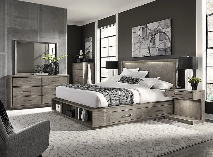 Aspenhome Furniture Platinum 4-Piece Bookcase Bedroom Set in Grey