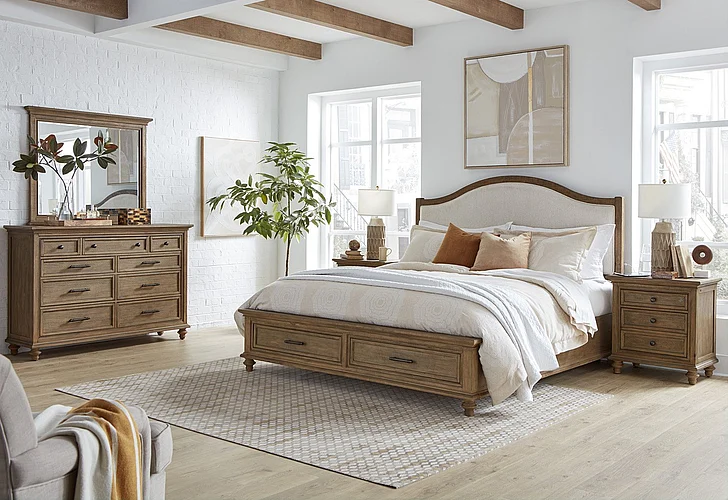 Aspenhome Hensley 4pc Upholstered Storage Bedroom Set in Honey