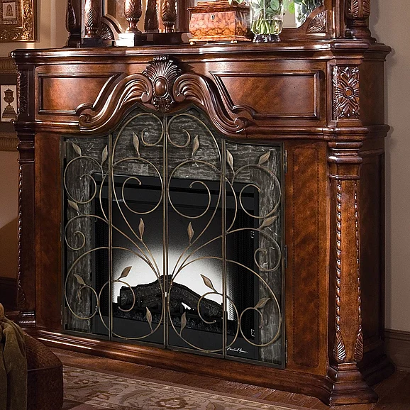 AICO Windsor Court 2pc Fireplace w/Insert, Heater and LED Lights in Vintage Fruitwood