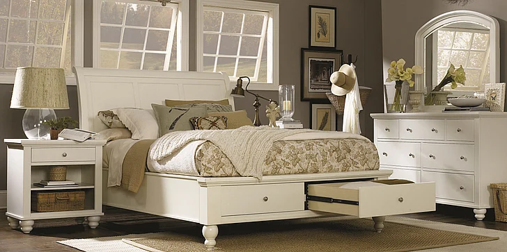 Aspenhome Cambridge Sleigh Storage Bedroom Set in Eggshell EST SHIP TIME IS 4 WEEKS