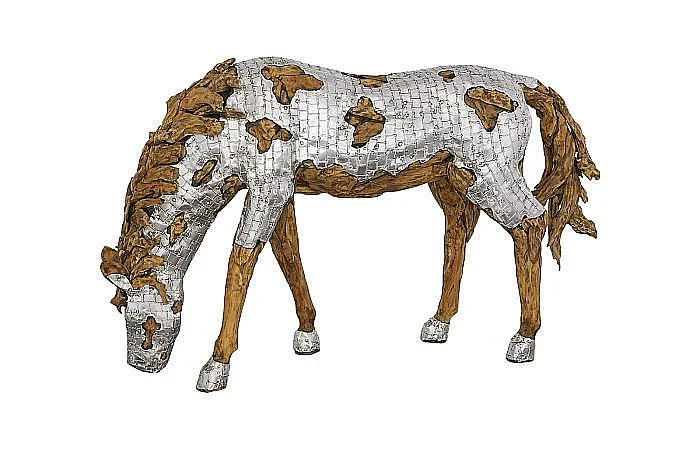 Phillips Collection Mustang Horse Armored Sculpture Grazing in Natural Silver ID113409